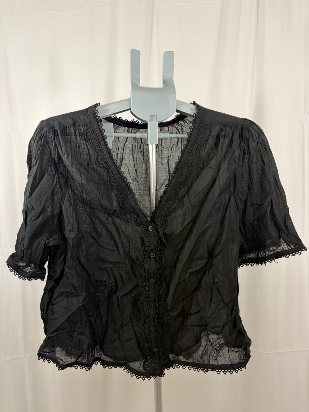 NWT a.na. Womens Size XL Black Lace-Trim Button Front Lightweight Top